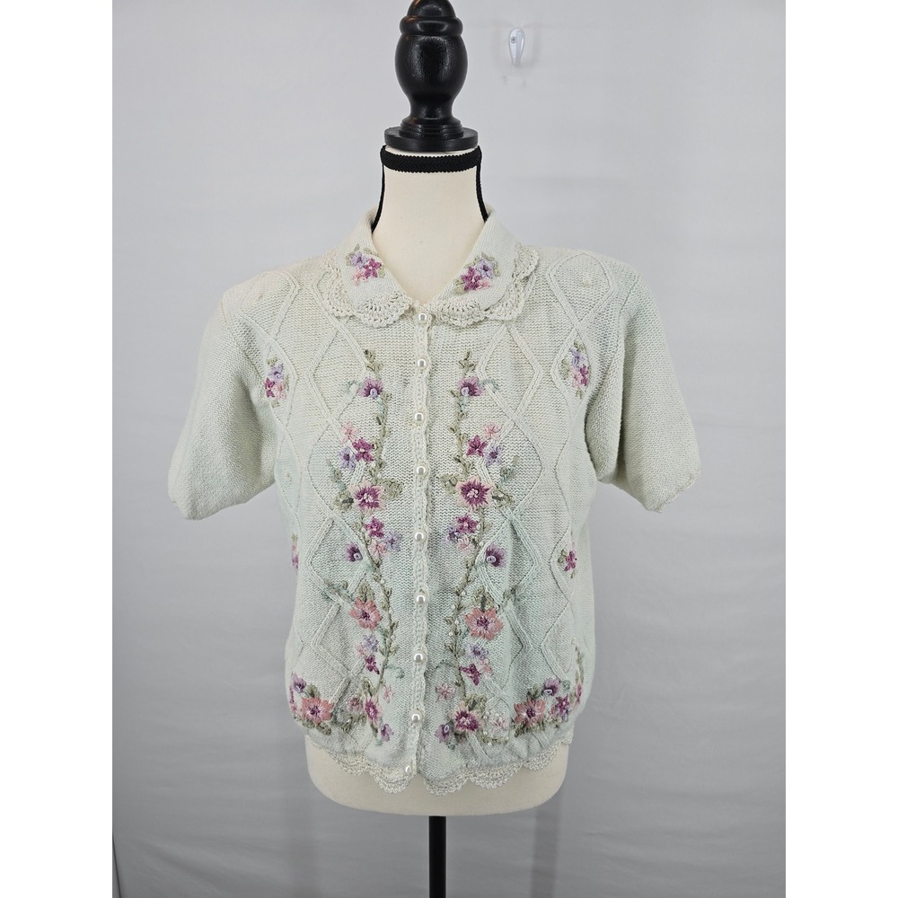 Yarnworks Vintage Floral Embroidered Cardigan Pearl Button Cottagecore Green L